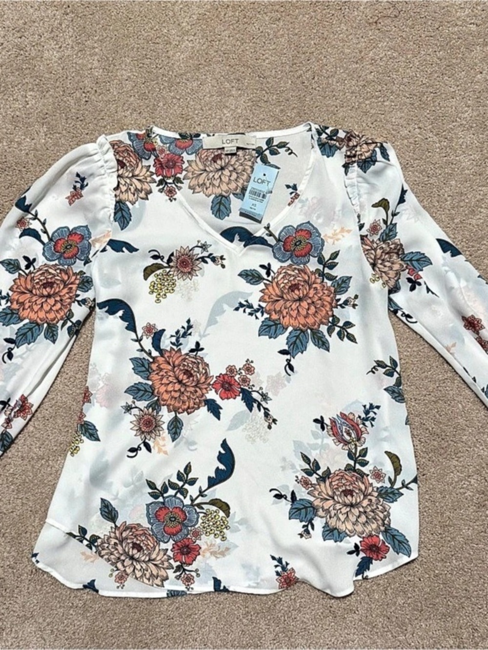 LOFT Floral Long Sleeve Blouse in White & Blue XS